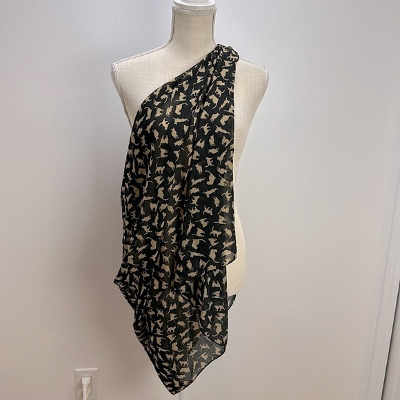 Oker All Over Cat Silhouette Print Shawl Scarf Black and Beige Lightweight Sheer - Picture 6 of 11